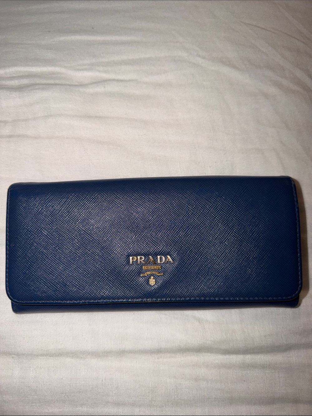 Prada Navy Saffiano Leather Continental Wallet with Gold Logo